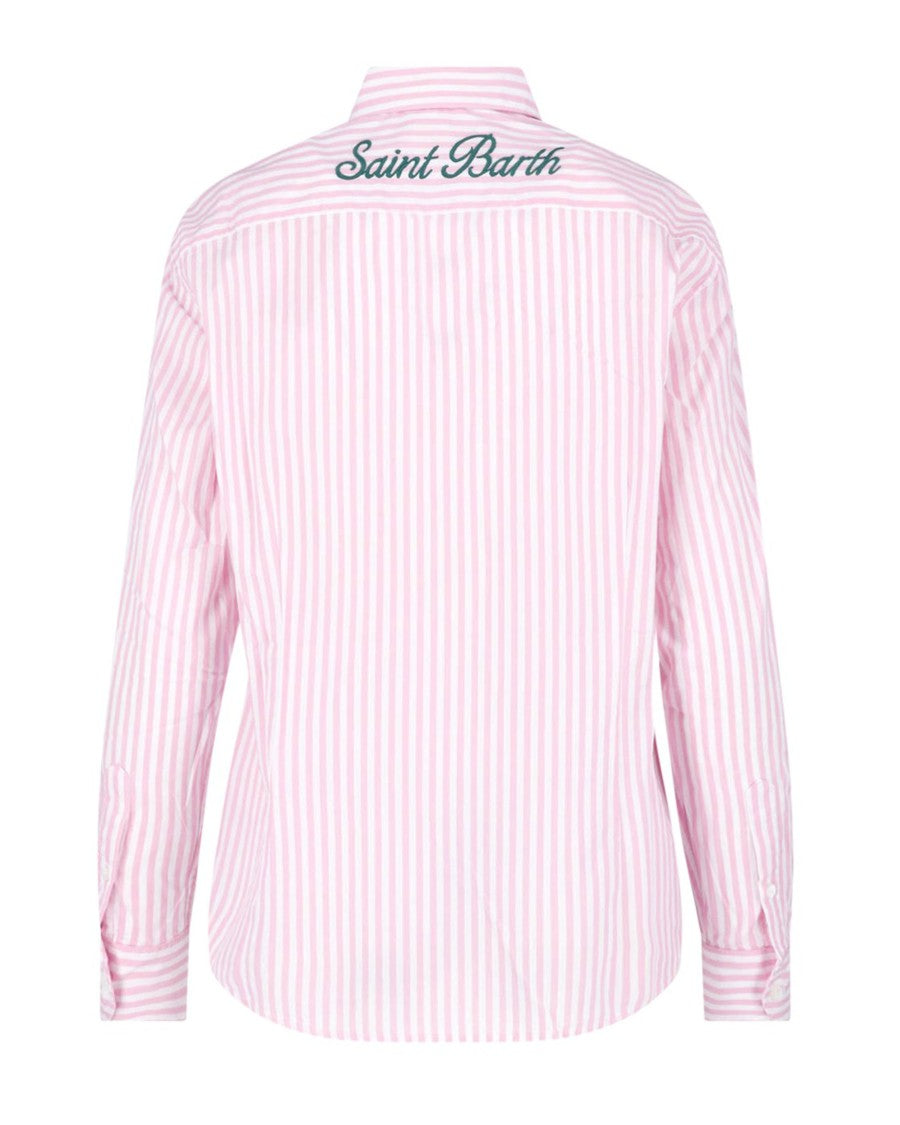 Mc2 Saint Barth Long-Sleeved Cotton Shirt With Vertical Pink Stripes And Logo Embroidery