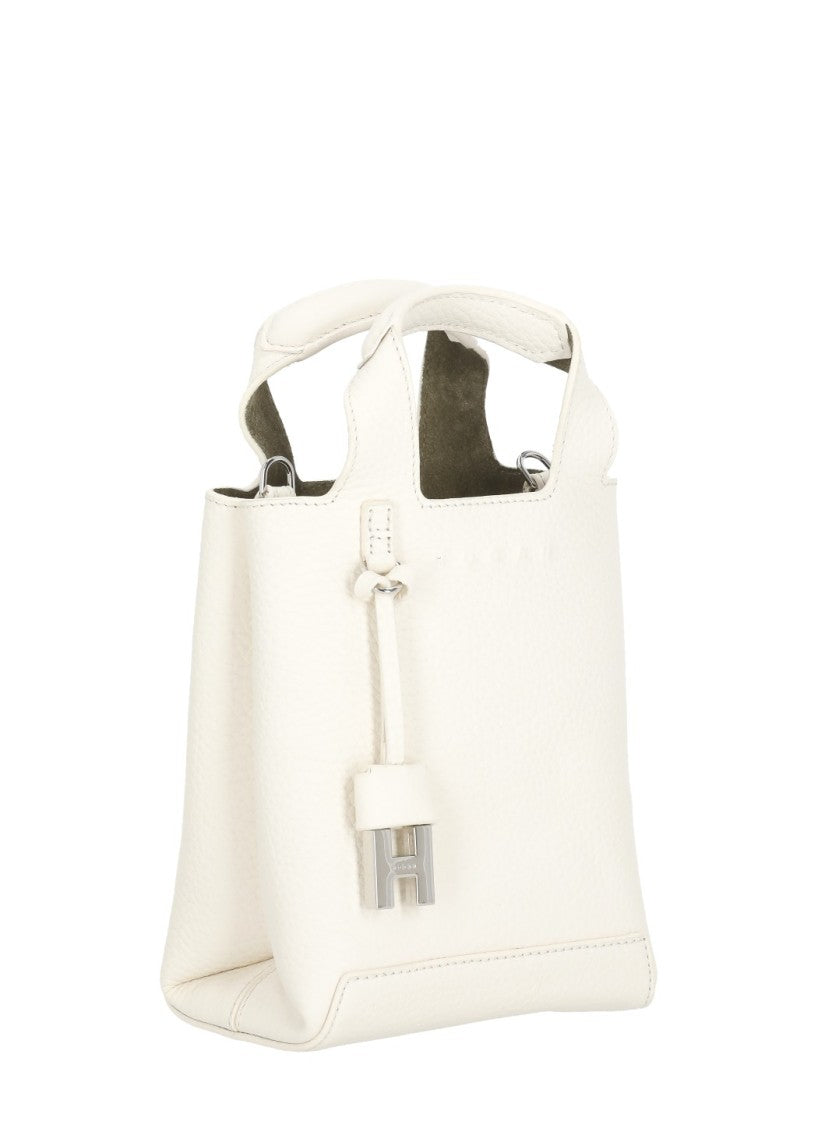 Hogan Compact Mini Bag In White Pebbled Leather With Metallic Charm