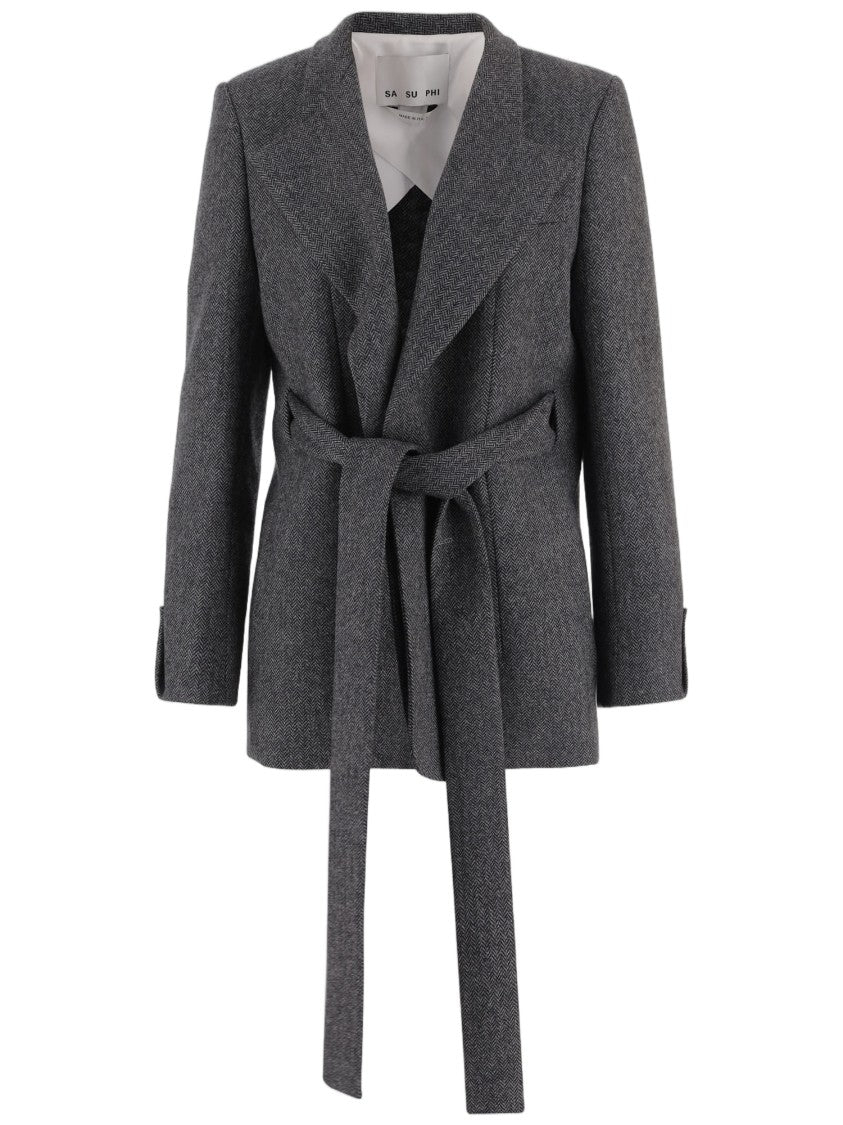 Sa Su Phi Gray Belted Herringbone Wool Jacket