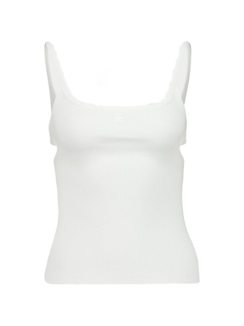 Courrèges White Ribbed Knit Top With Shoulder Straps And Cut-Out Detail