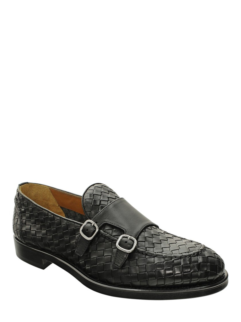 Doucal's Woven Black Calf Leather Loafers With Dual Buckle Accents