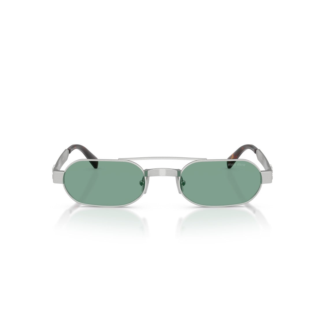 Miu Miu Rectangular Green Lens Sunglasses With Silver Metal Frame