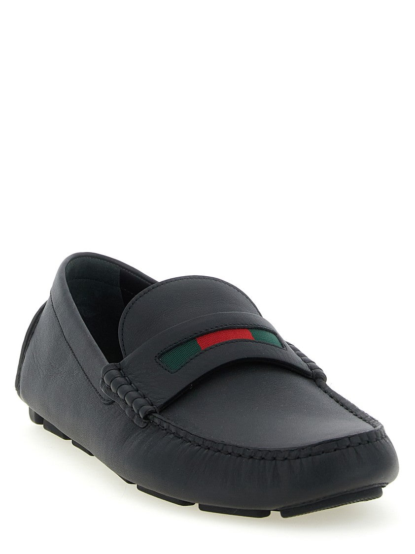 Gucci Leather Driver Loafers With Grosgrain Detail And Textured Sole