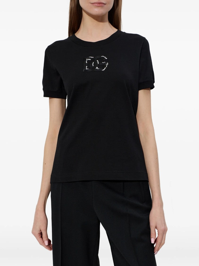 Dolce & Gabbana Black Cotton Rhinestone Embellished Logo T-Shirt