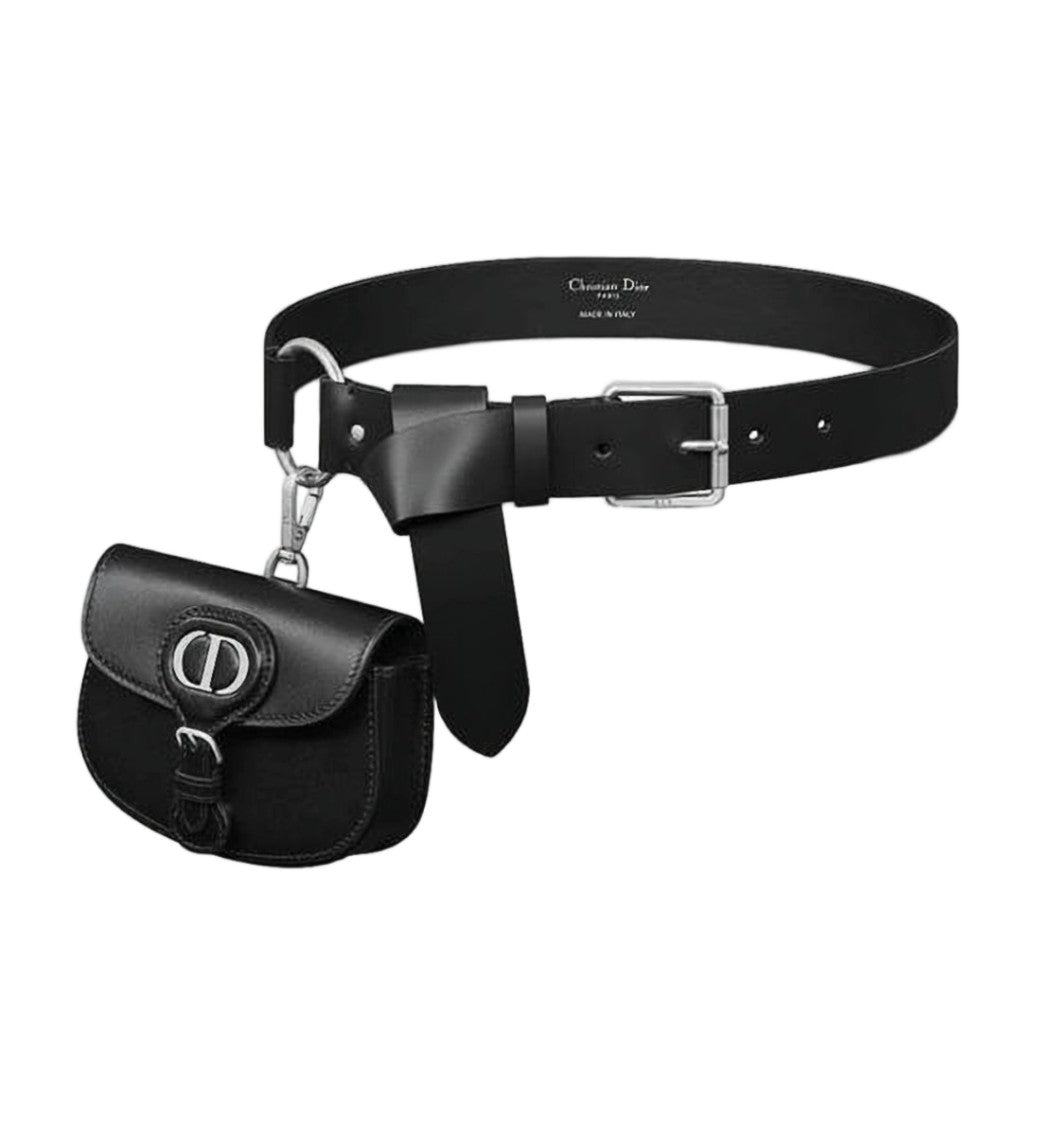 Christian Dior Black Calfskin Leather Belt With Flap Pouch And Metallic Logo