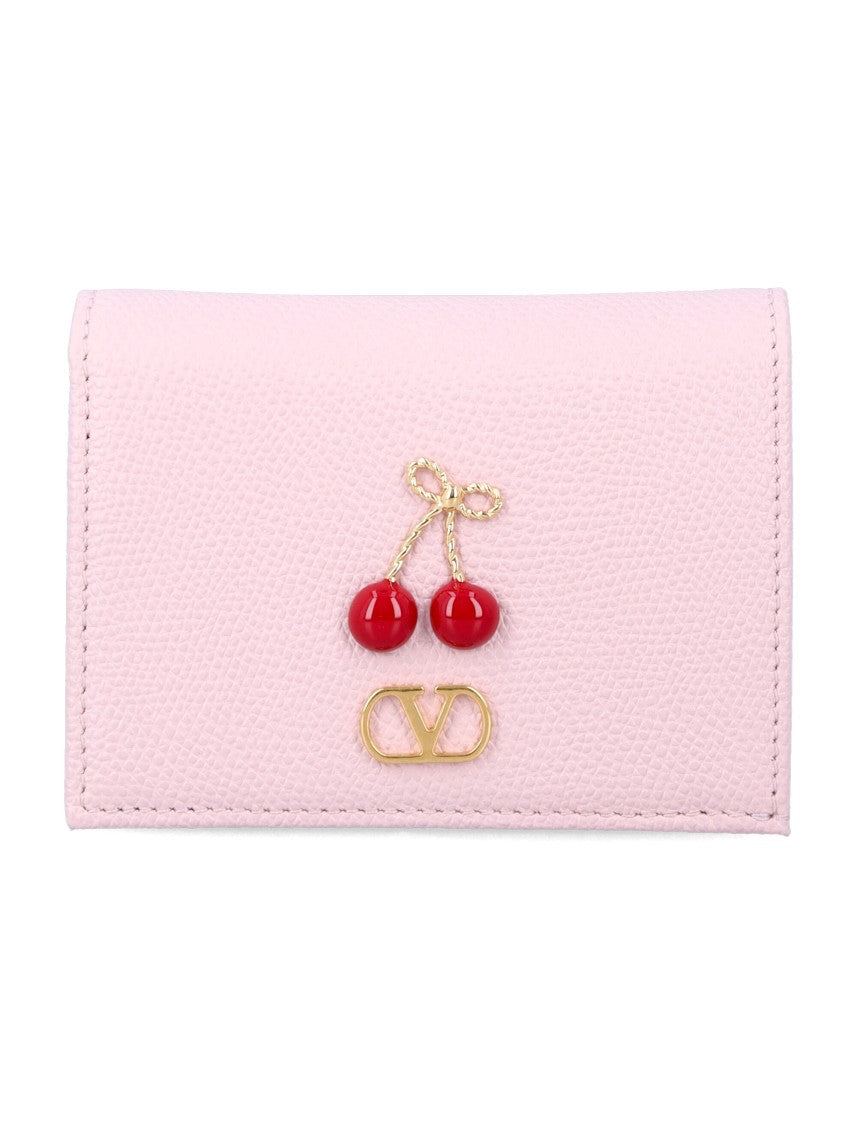 Valentino Garavani Compact Hammered Calf Leather Wallet With Cherryfic Detail