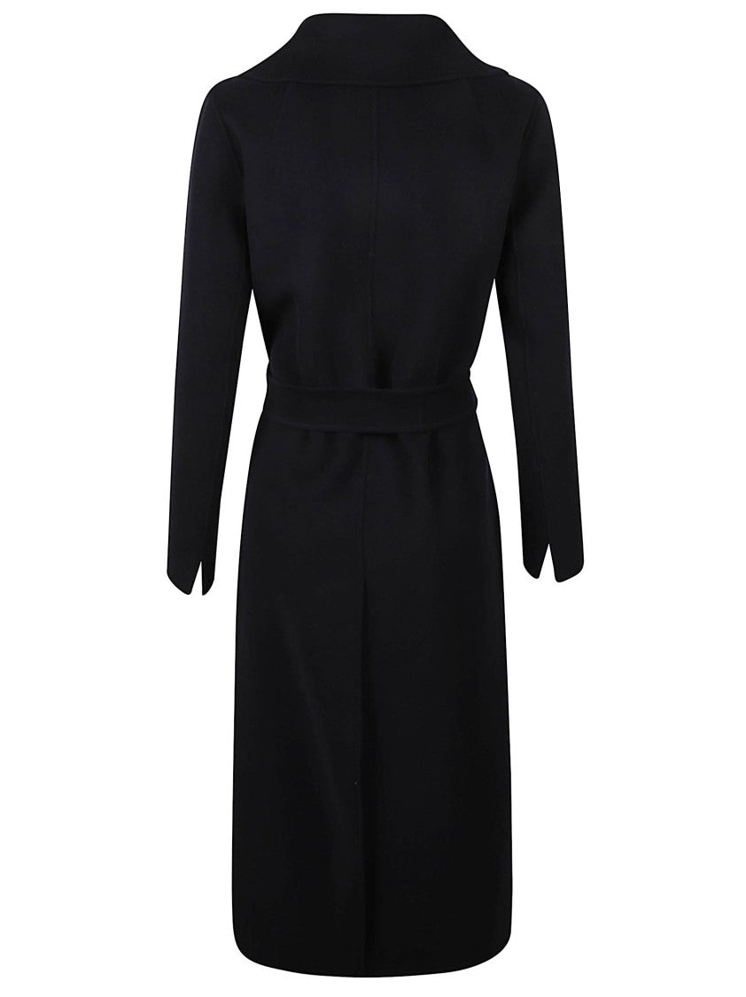 Max Mara Wrap Design Long Black Coat With Wide Lapel Collar