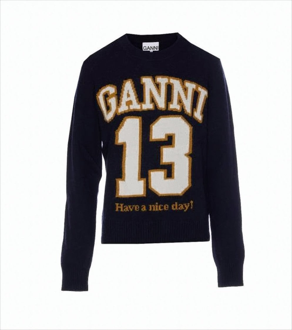Ganni Varsity-Style Black Knit Sweater With Crew Neckline