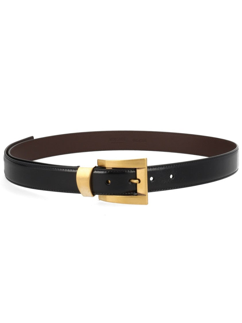 Versace Black Gold Rectangular Buckle Leather Belt
