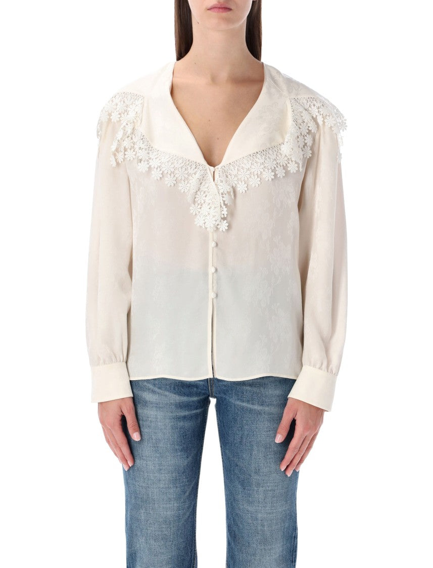 Chloé Floral Lace-Trim Jacquard Silk Blouse