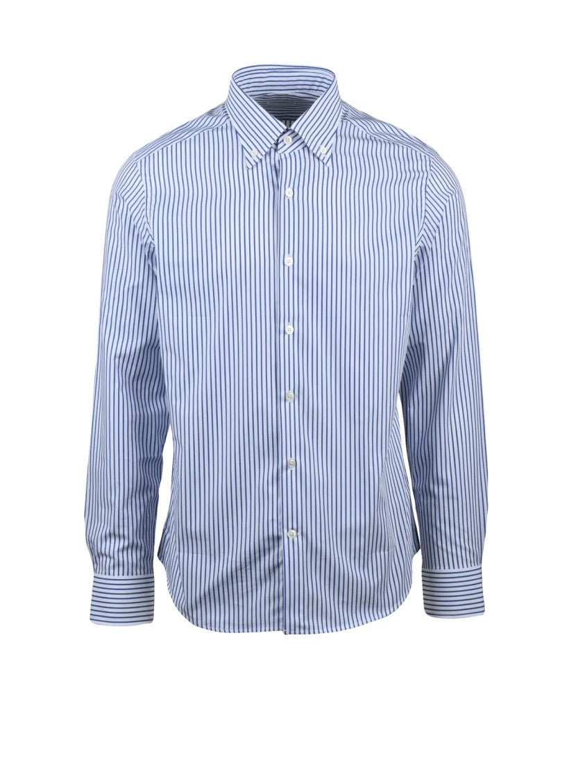 Ghirardelli White And Blue Striped Ghirardelli Shirt With Structured Collar