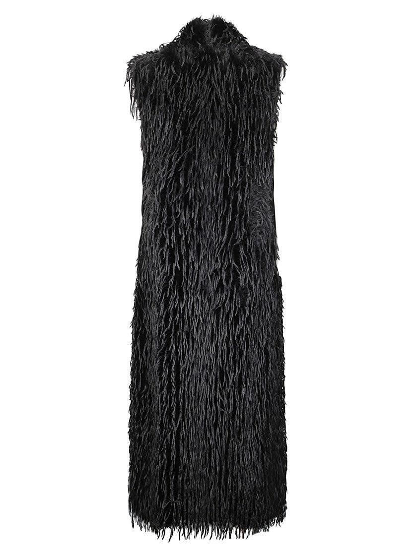 Stefano Mortari Long Sleeveless Coat With Black Fringes And Relaxed Fit