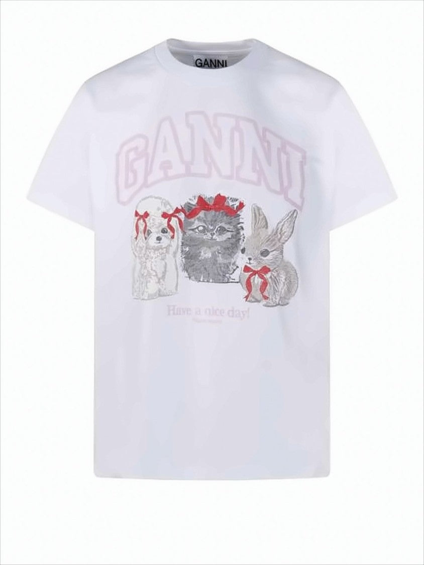 Ganni Short-Sleeved Cotton T-Shirt Featuring Playful Animal Graphics