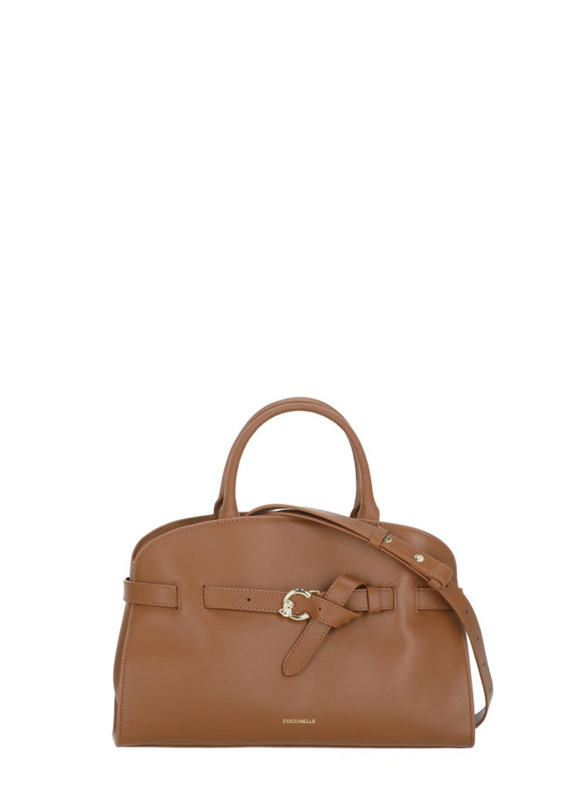 Coccinelle Structured Shoulder Bag In Smooth Brown Leather With Golden Accents