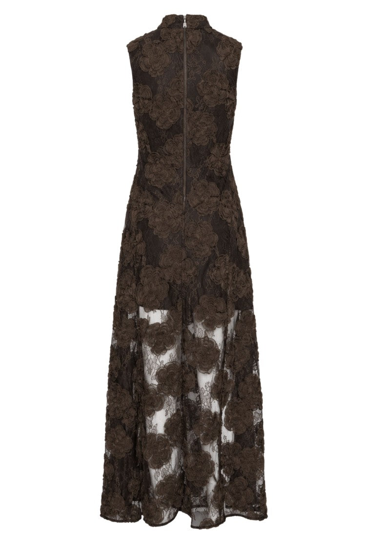 Rotate Brown 3D Floral High Neck Semi-Sheer Maxi Dress
