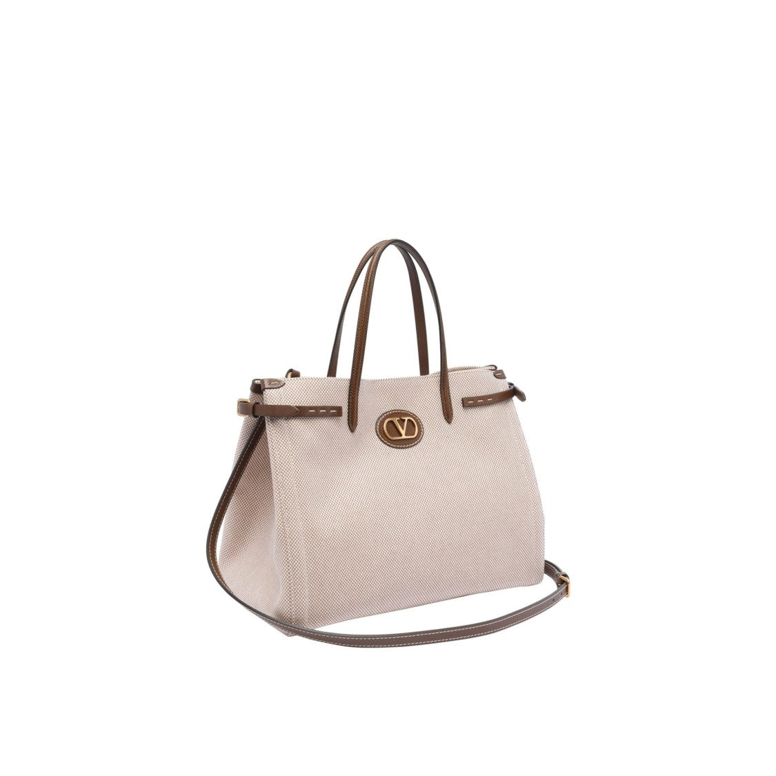 Valentino Garavani Medium Textured Canvas Tote Bag With Leather Accents