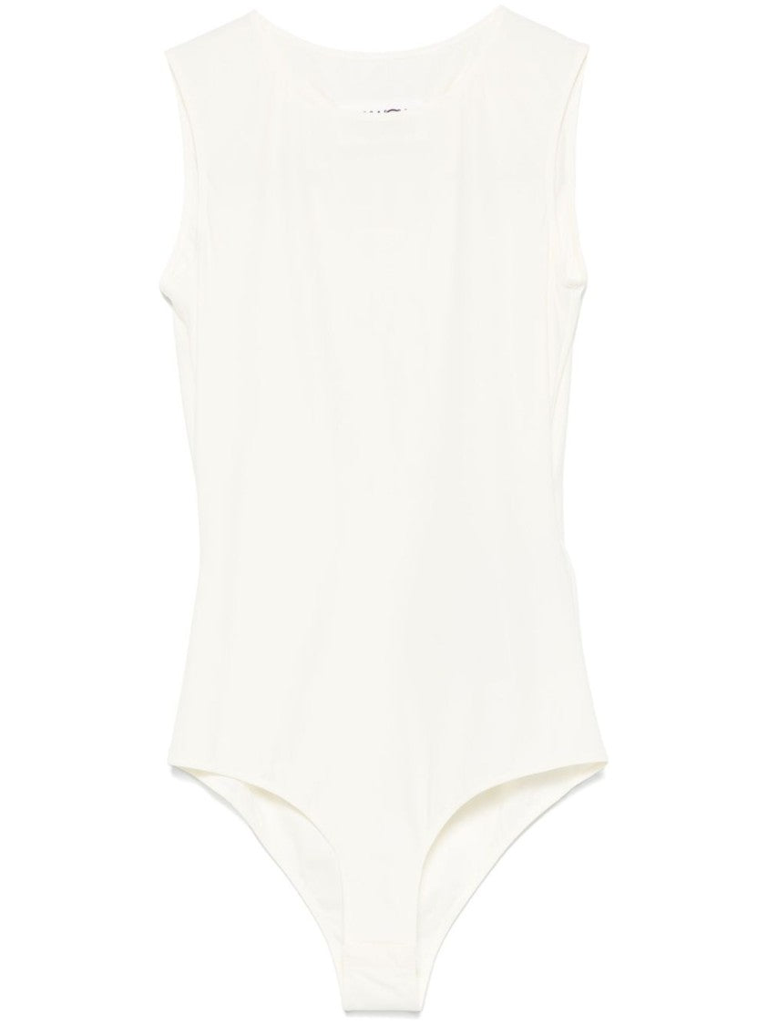 Mm6 By Maison Margiela Ecru Sleeveless Stretch Bodysuit With Crew Neck