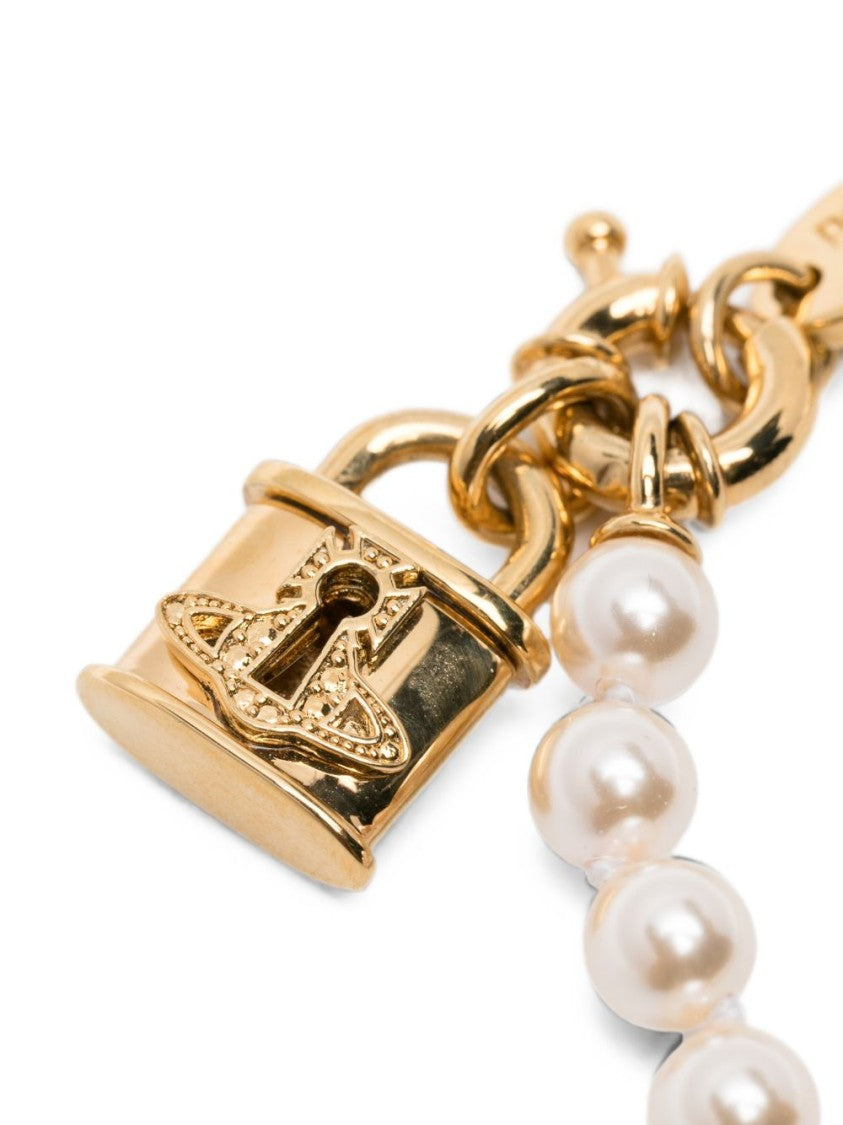 Vivienne Westwood Gold Pearl Chain Padlock Charm Bracelet