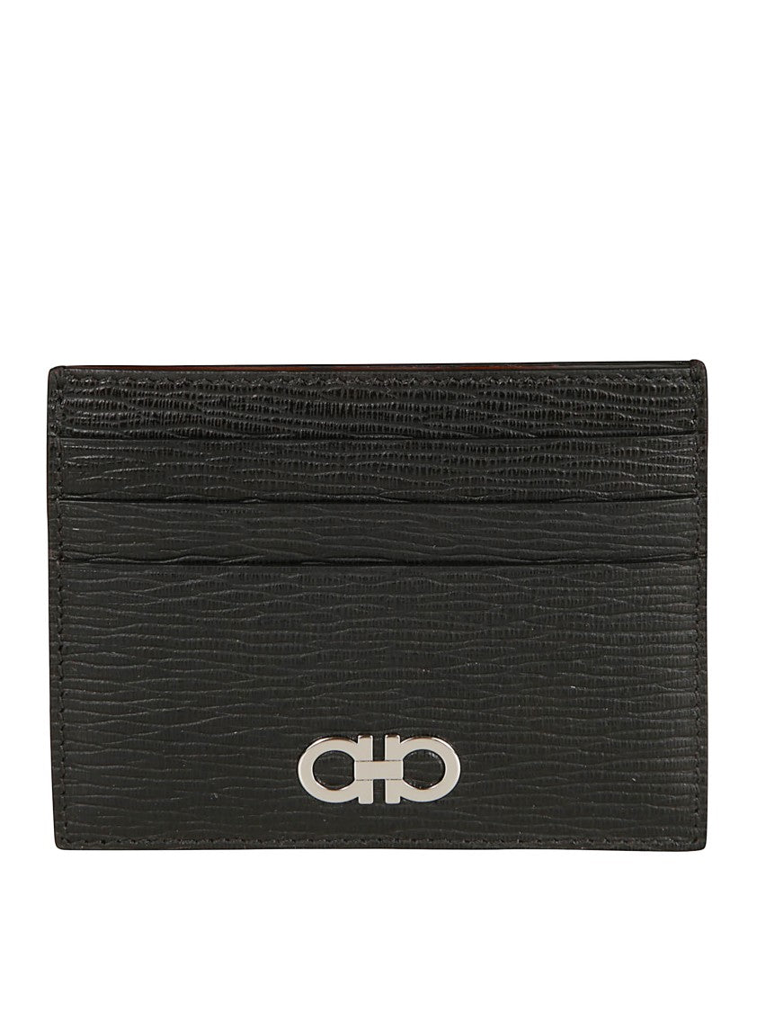 Ferragamo Refined Hammered Calfskin Card Holder With Metallic Logo