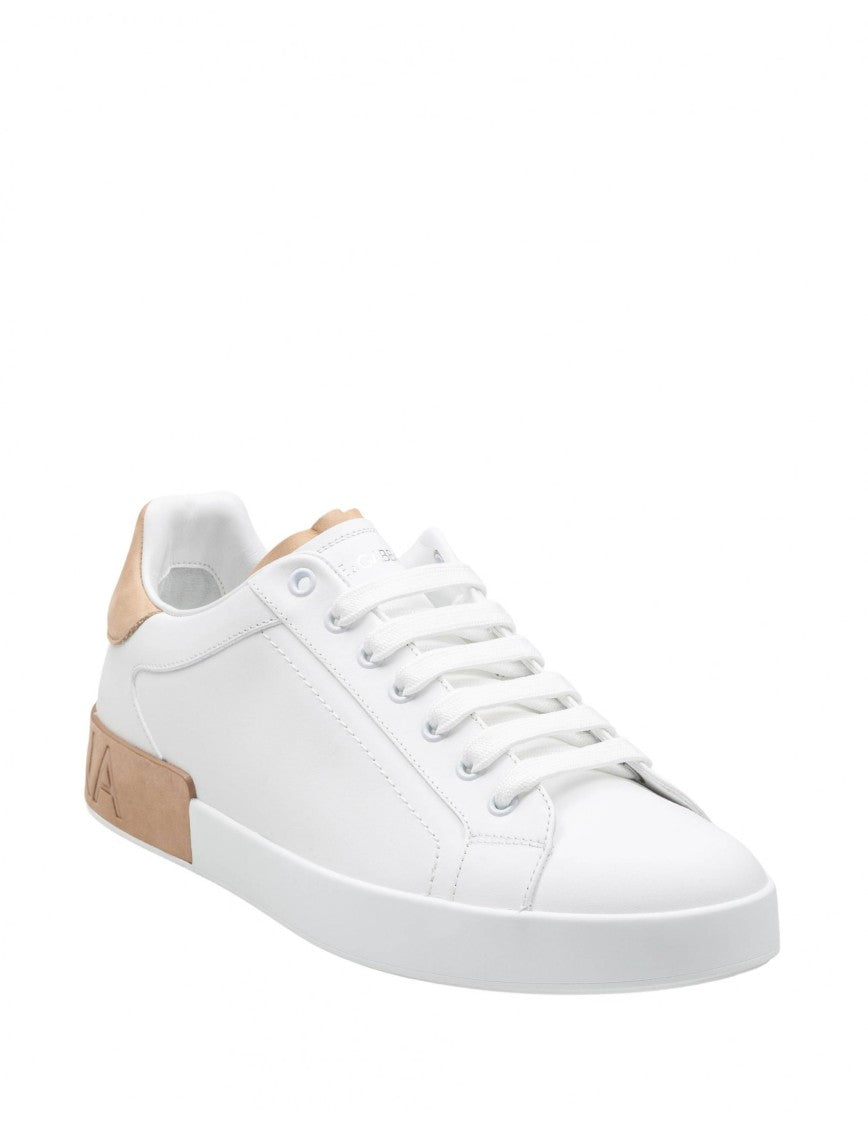 Dolce & Gabbana Portofino Leather Sneakers In White And Tan