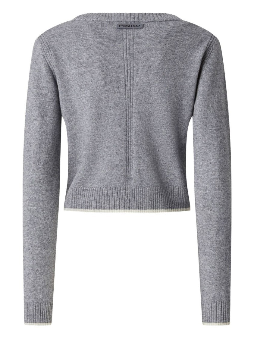 Pinko Cropped Grey Knit Sweater With Deep V-Neckline