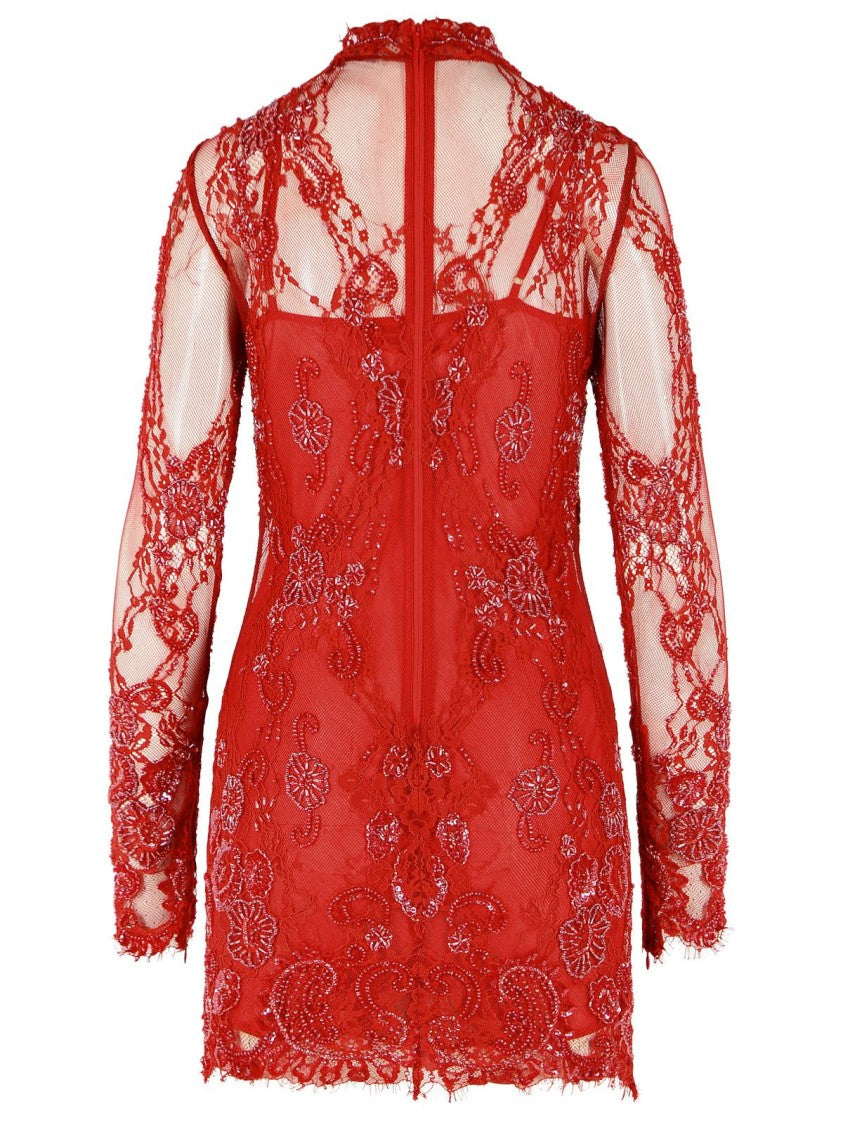 Blumarine Short Lace Dress With Red Embroidery