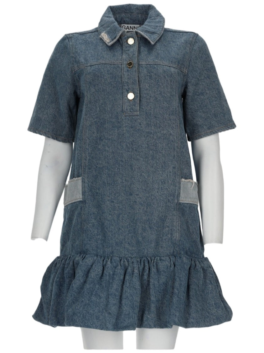 Ganni Mini Denim Patchwork Dress With Structured Collar And Ruffled Hemline