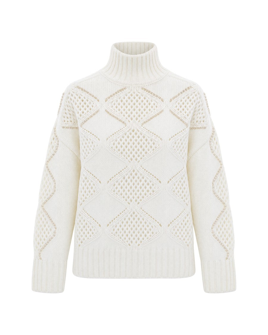 Liu Jo White High-Neck Openwork Pearl Embellished Wool Sweater