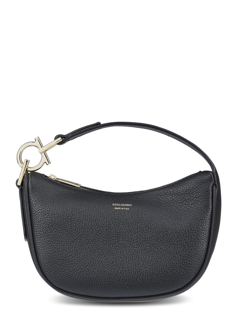 Ferragamo Rounded Black Leather Bag With Gold-Tone Accents