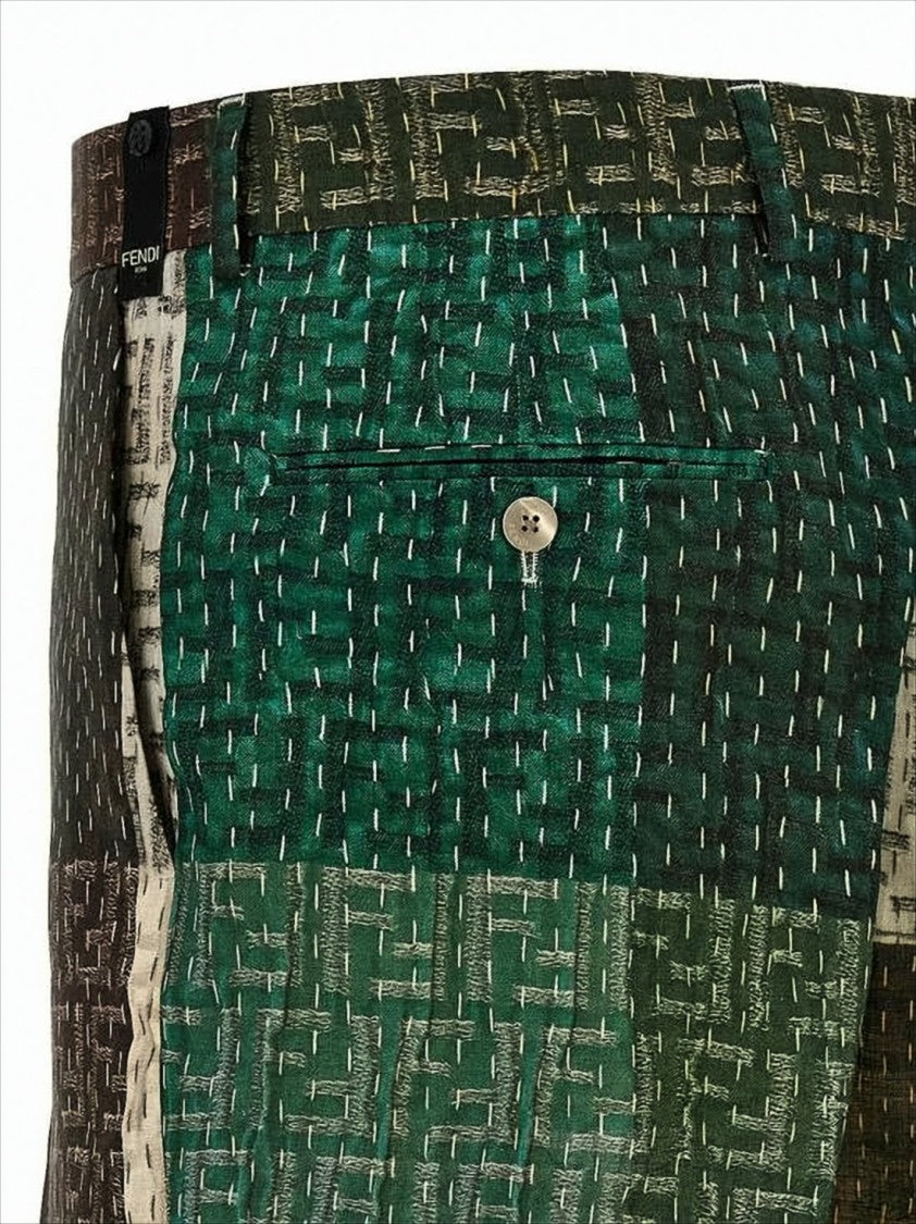 Fendi Patchwork Textured Linen Shorts With Buttoned Pockets