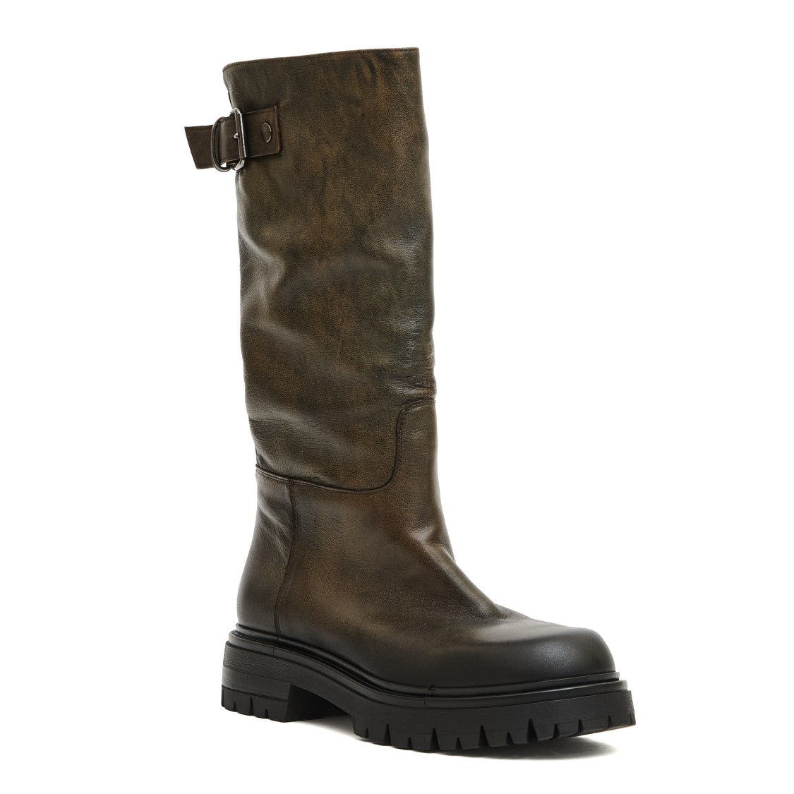 Elena Iachi Mid-Calf Aged Leather Boots With Chunky Lug Sole