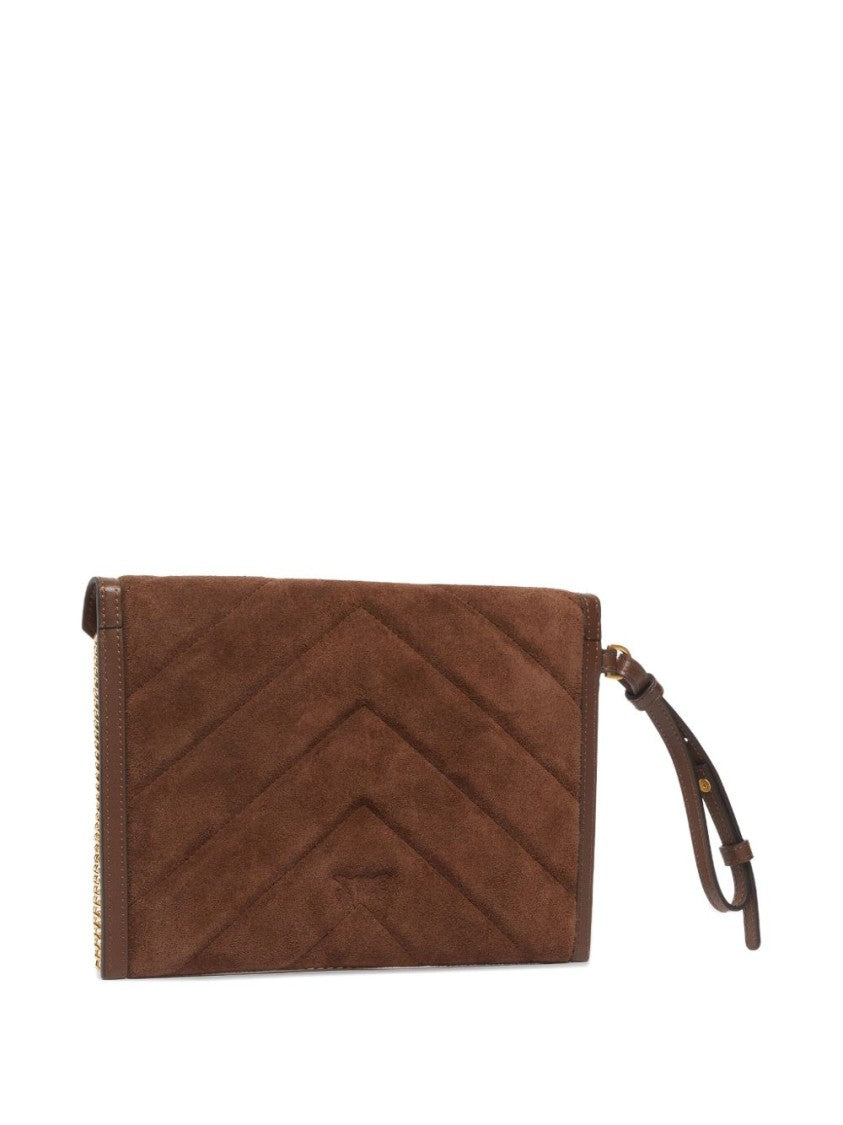 Pinko Chevron Quilted Brown Suede Clutch
