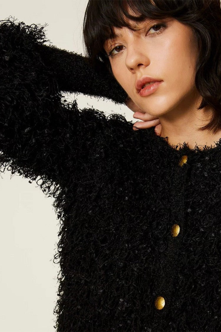 Twin-Set Black Polyester Bouclé Cropped Jacket