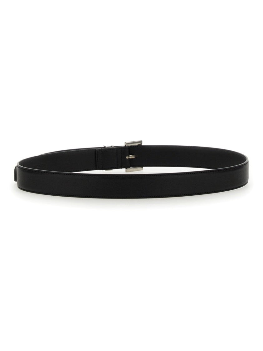 Saint Laurent Narrow Black Calf Skin Belt With Polished Buckle