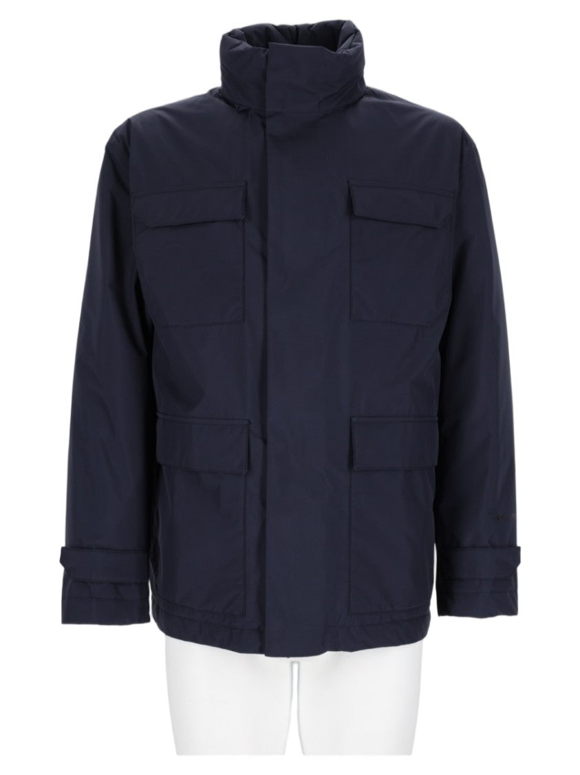 Herno Structured Blue Sports Jacket With High Collar And Front Zip Closure