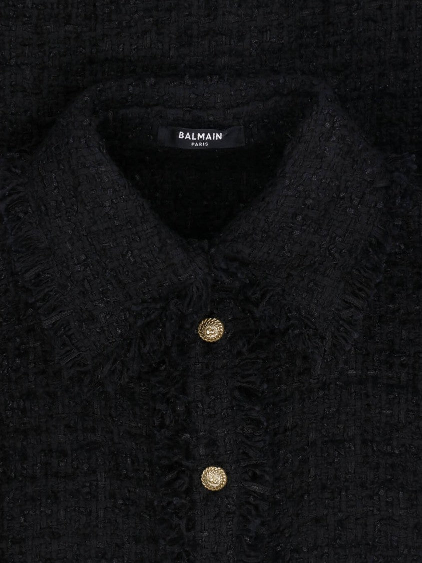 Balmain Textured Black Tweed Shirt With Gold-Tone Button Closure