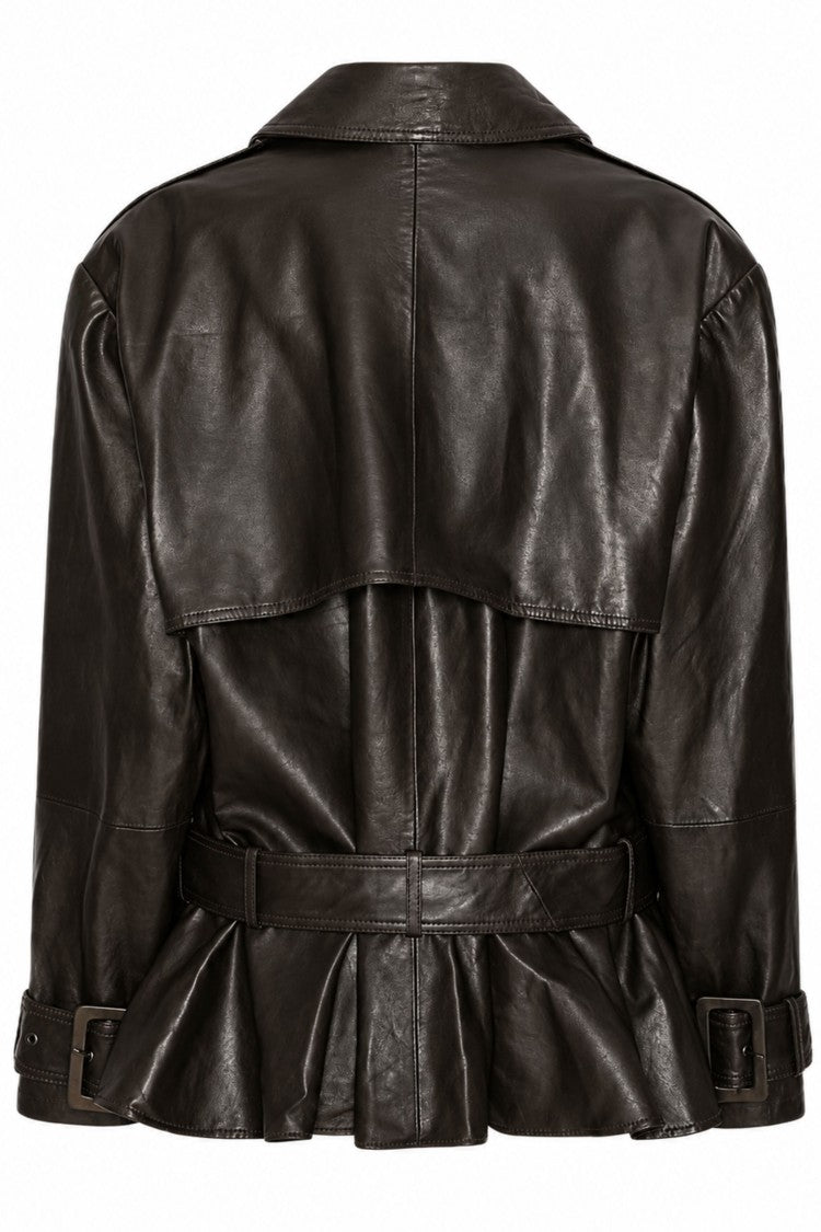 Rotate Brown Peplum Hem Lambskin Leather Jacket