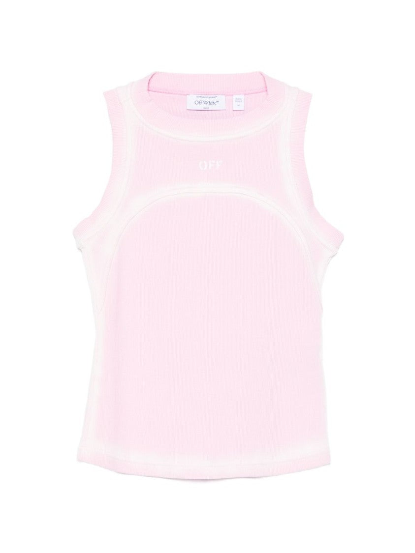 Off-White Ribbed Knit Sleeveless Top With Piping Detail