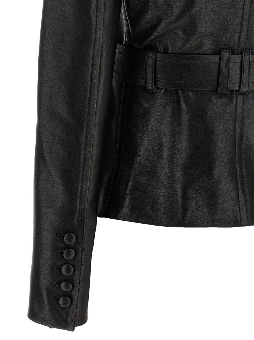 Balmain Flared Black Lamb Leather Jacket