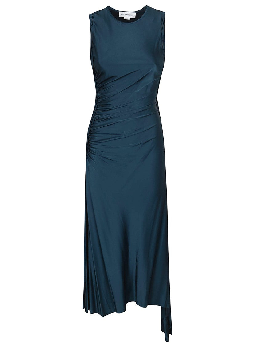 Victoria Beckham Sleeveless Blue Midi Dress With Ruching