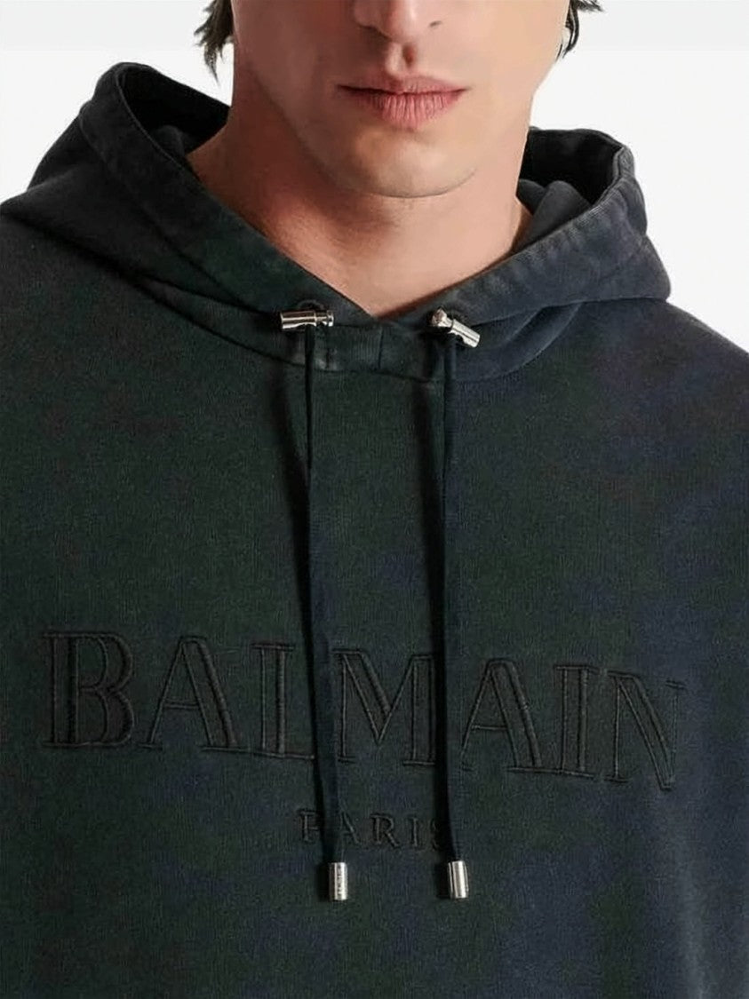Balmain Washed Black Relaxed-Fit Hoodie With Embossed Logo
