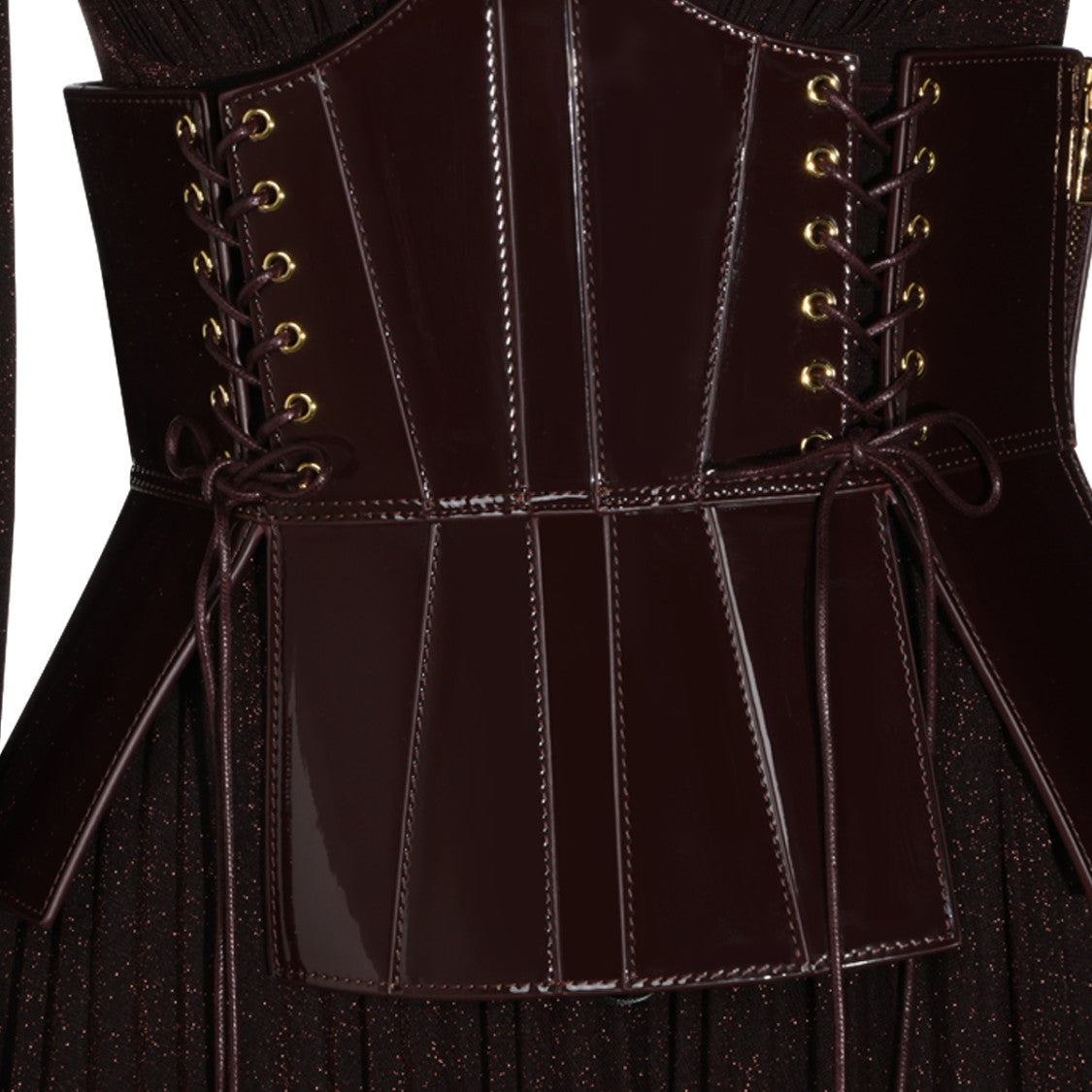Elisabetta Franchi Glossy Corset Belt Pleated Maxi Dress