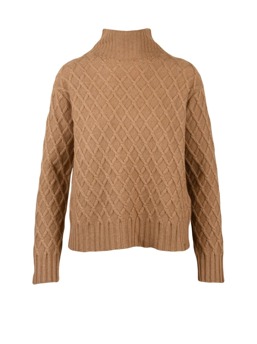 Max Mara Textured Diamond Knit Turtleneck Sweater In Luxurious Camel