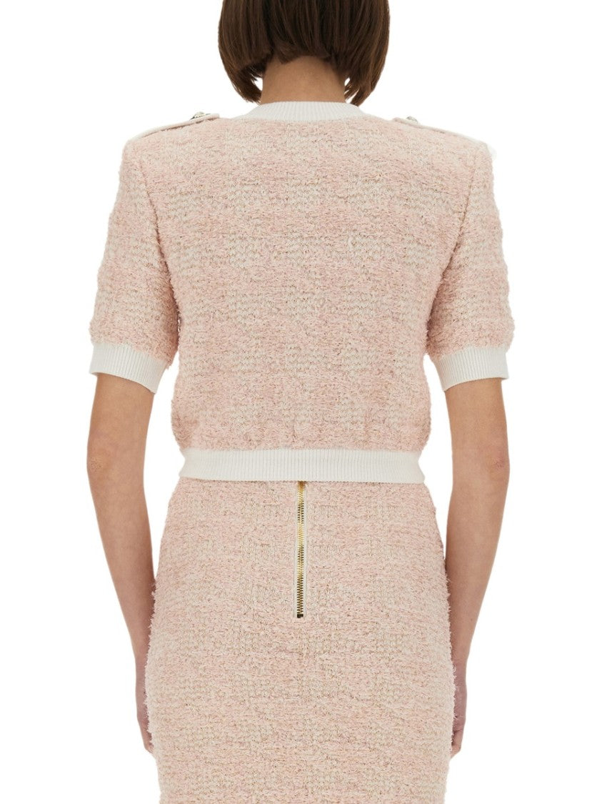 Balmain Cropped Textured Cardigan With Decorative Button Detail