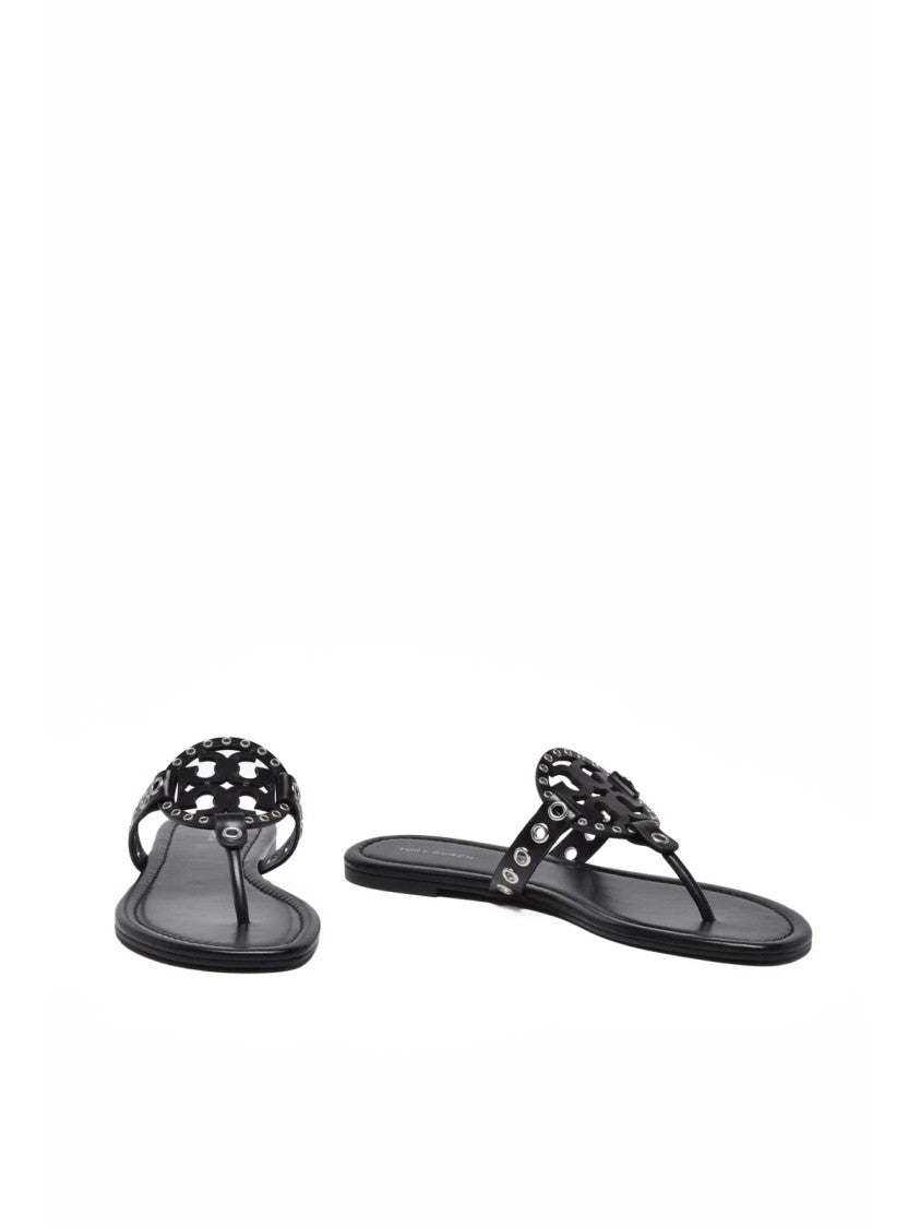 Tory Burch Black Miller Eyelet Leather Flip Flops