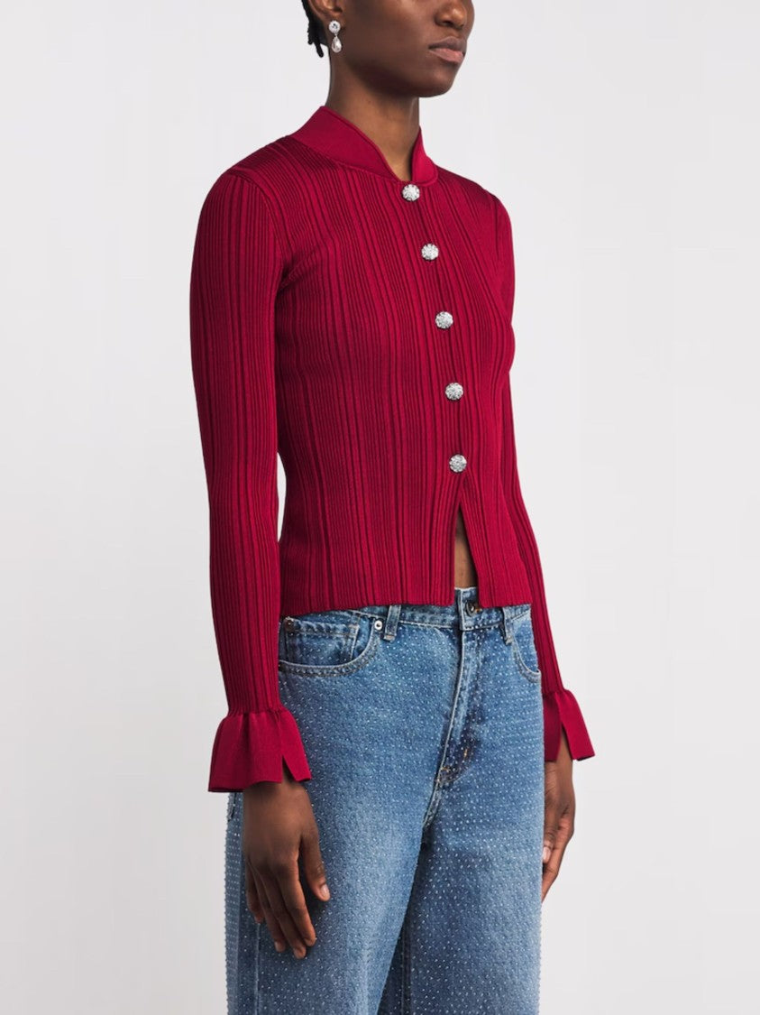 Self-Portrait Red Faux Pearl Cardigan