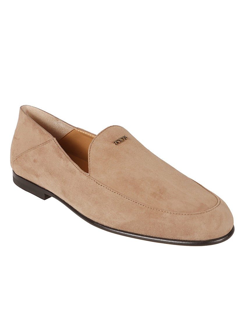 Tod's Minimalist Suede Flats With Rounded Toe And Metallic Logo