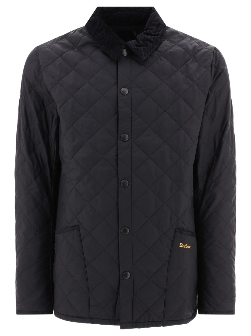 Barbour Quilted Black Jacket With Corduroy Collar And Diamond Pattern