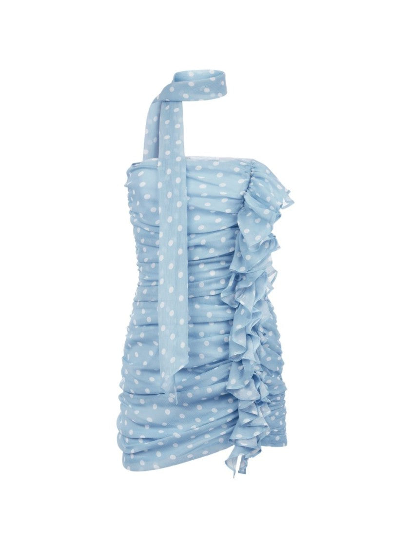 Nina Ricci Light Blue Mini Dress With Ruched Detail And Ruffled Accent