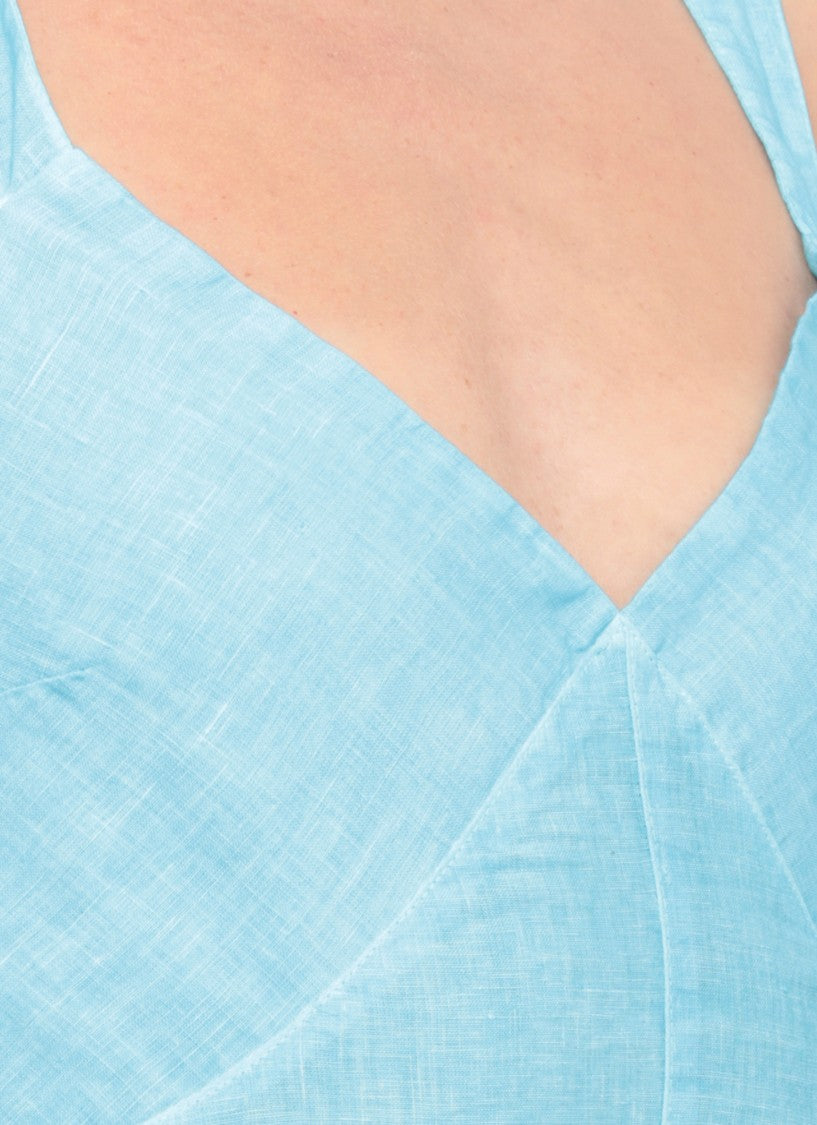 120% Lino Light Blue Linen Maxi Dress With Silk Accents